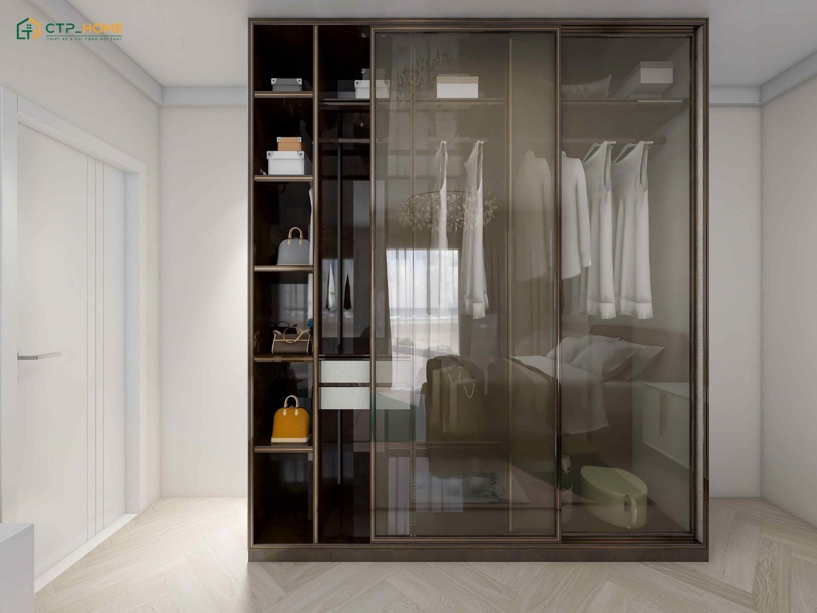 Sử dụng tủ quần áo cửa trượt mang đến sự gọn gàng nhưng vẫn đảm bảo tính thẩm mỹ cho phòng thay đồ