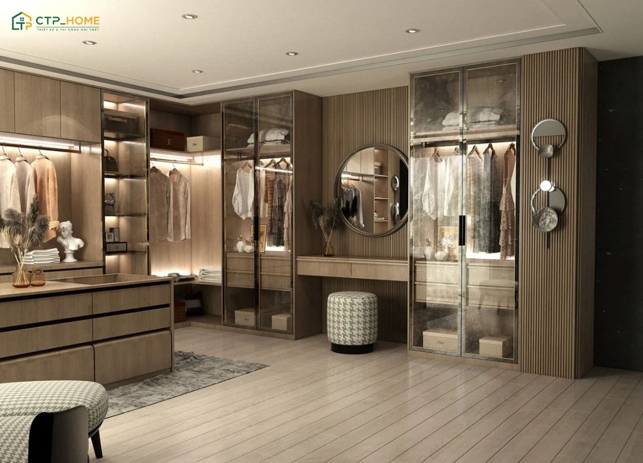 Mẫu thiết kế phòng thay đồ cho cặp đôi được bố trí khoa học với khu vực lưu trữ riêng cho mỗi người