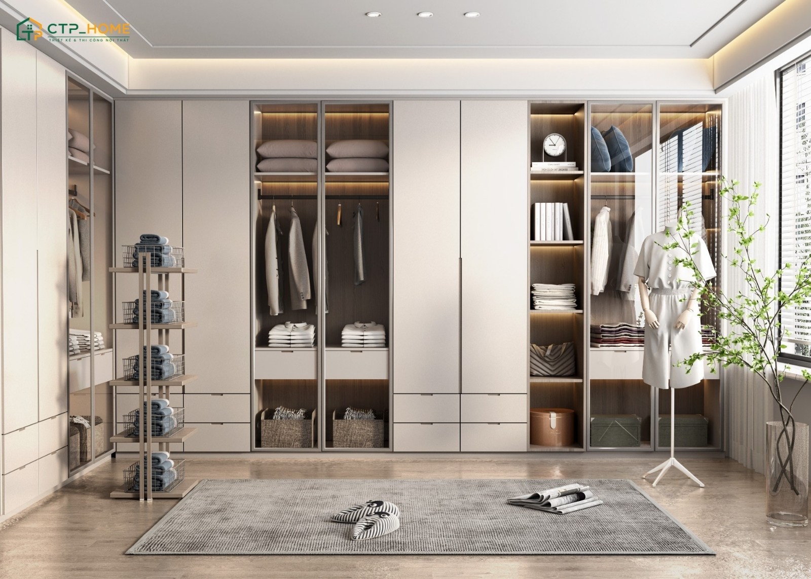 Mẫu phòng thay đồ đẹp cho cặp đôi với cách sắp xếp nội thất đồng bộ và gam màu hài hòa, thanh lịch