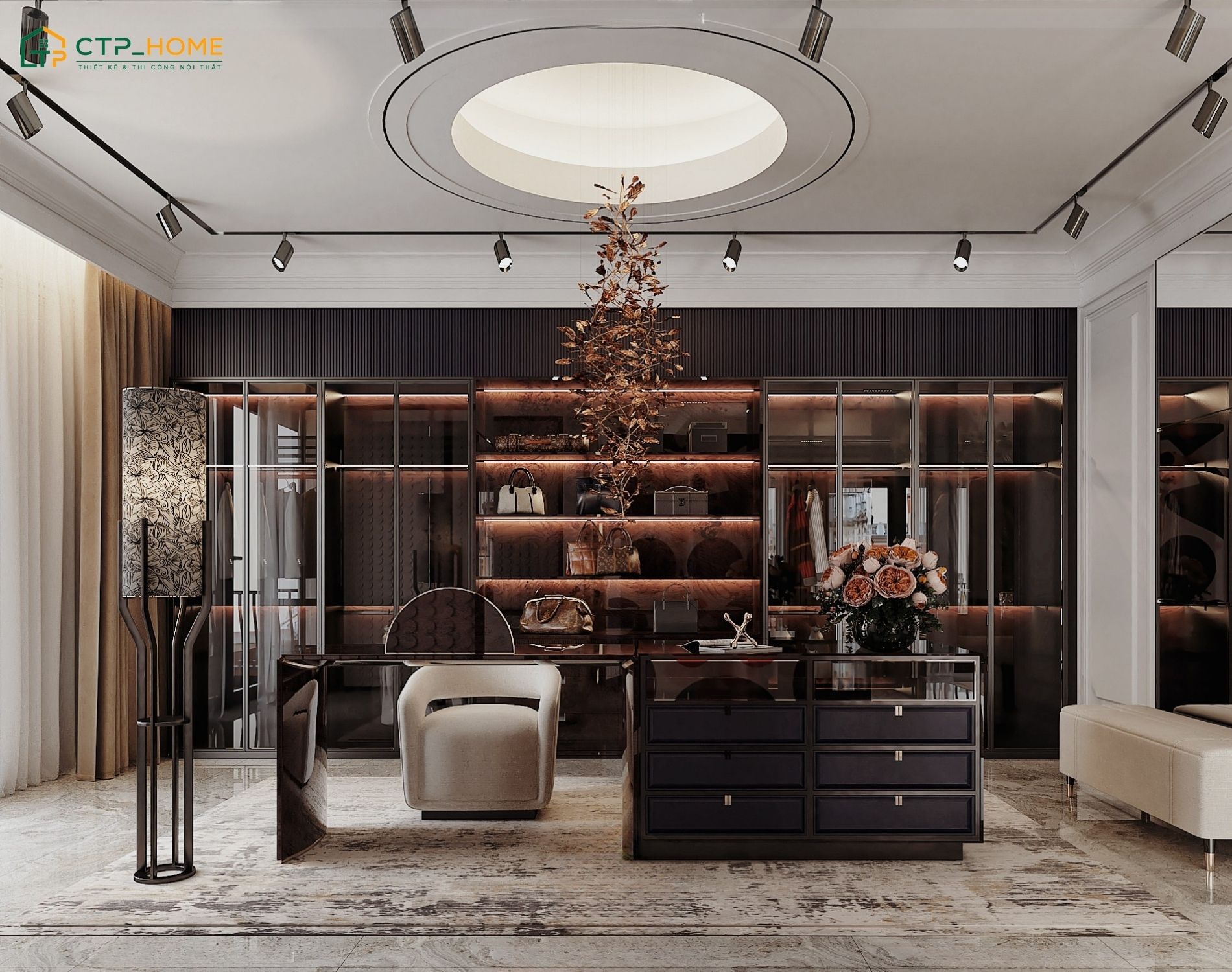 Với không gian thay đồ cho nữ thì cần bố trí bàn trang điểm, gương soi và hệ đèn chiếu sáng phù hợp