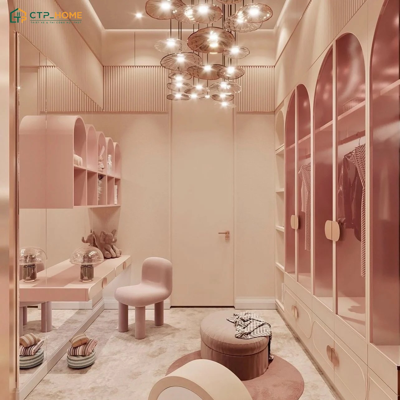 Mẫu thiết kế nội thất phòng thay đồ cho bé mang vẻ đẹp mộng mơ với gam màu hồng pastel ngọt ngào