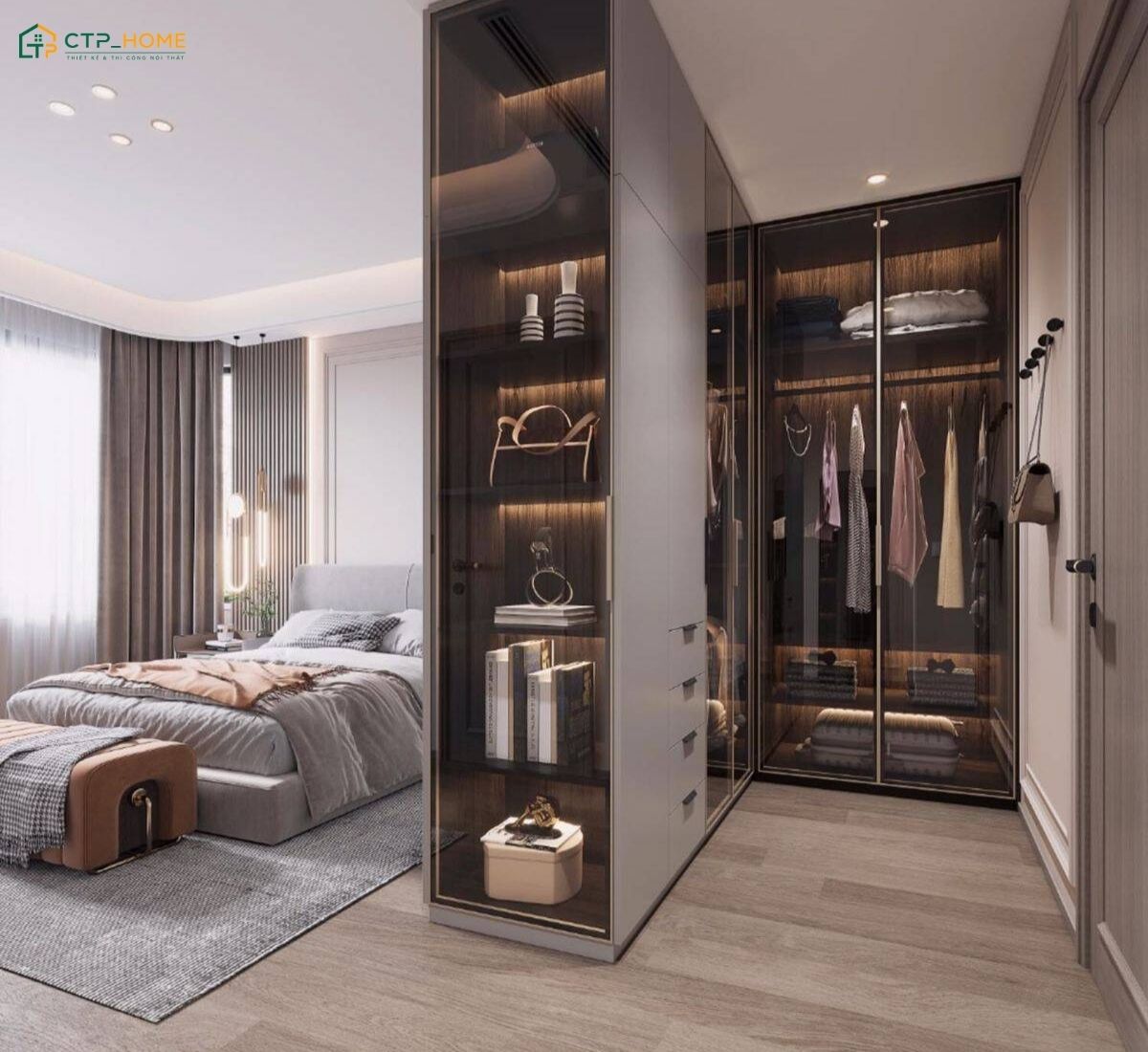 Phòng thay đồ được phân tách bằng tủ quần áo vừa gia tăng không gian lưu trữ vừa tạo được sự riêng tư