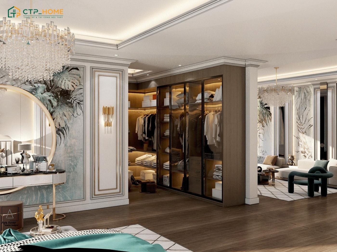Mẫu phòng thay đồ đẹp với hệ tủ quần áo đóng vai trò như một vách ngăn để phân chia hai khu vực