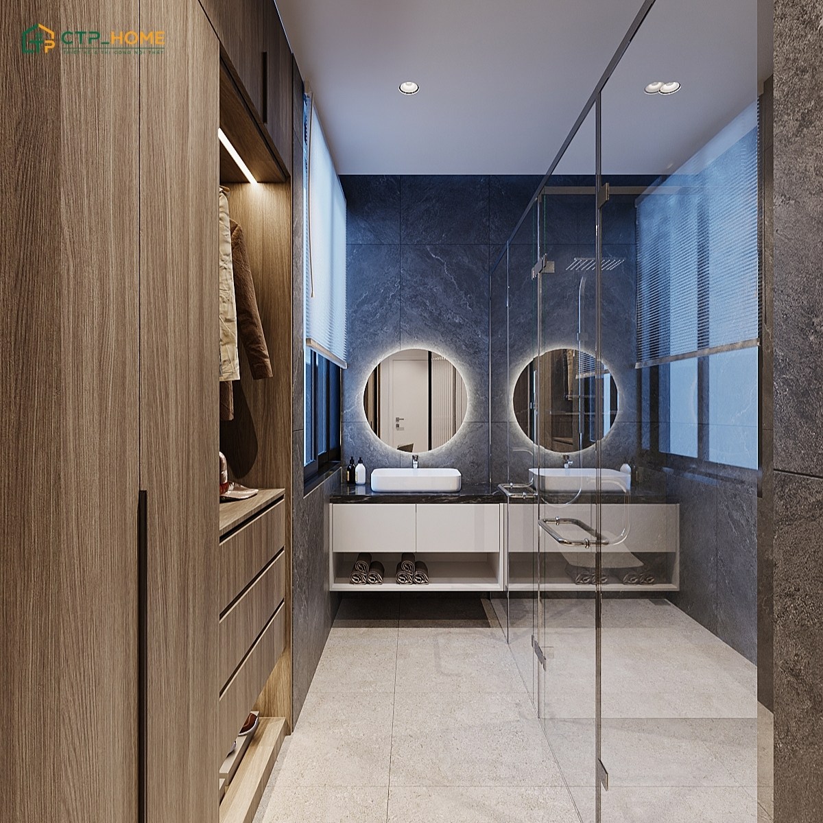 Phương án bố trí phòng thay đồ trong phòng tắm giúp tạo sự liền mạch giữa các khu vực chức năng