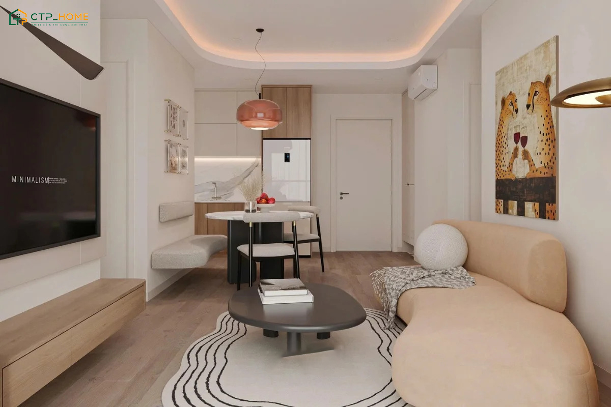 Trang trí phòng khách nhỏ 15m2 bằng tranh treo tường giúp tạo điểm nhấn mà không chiếm nhiều diện tích