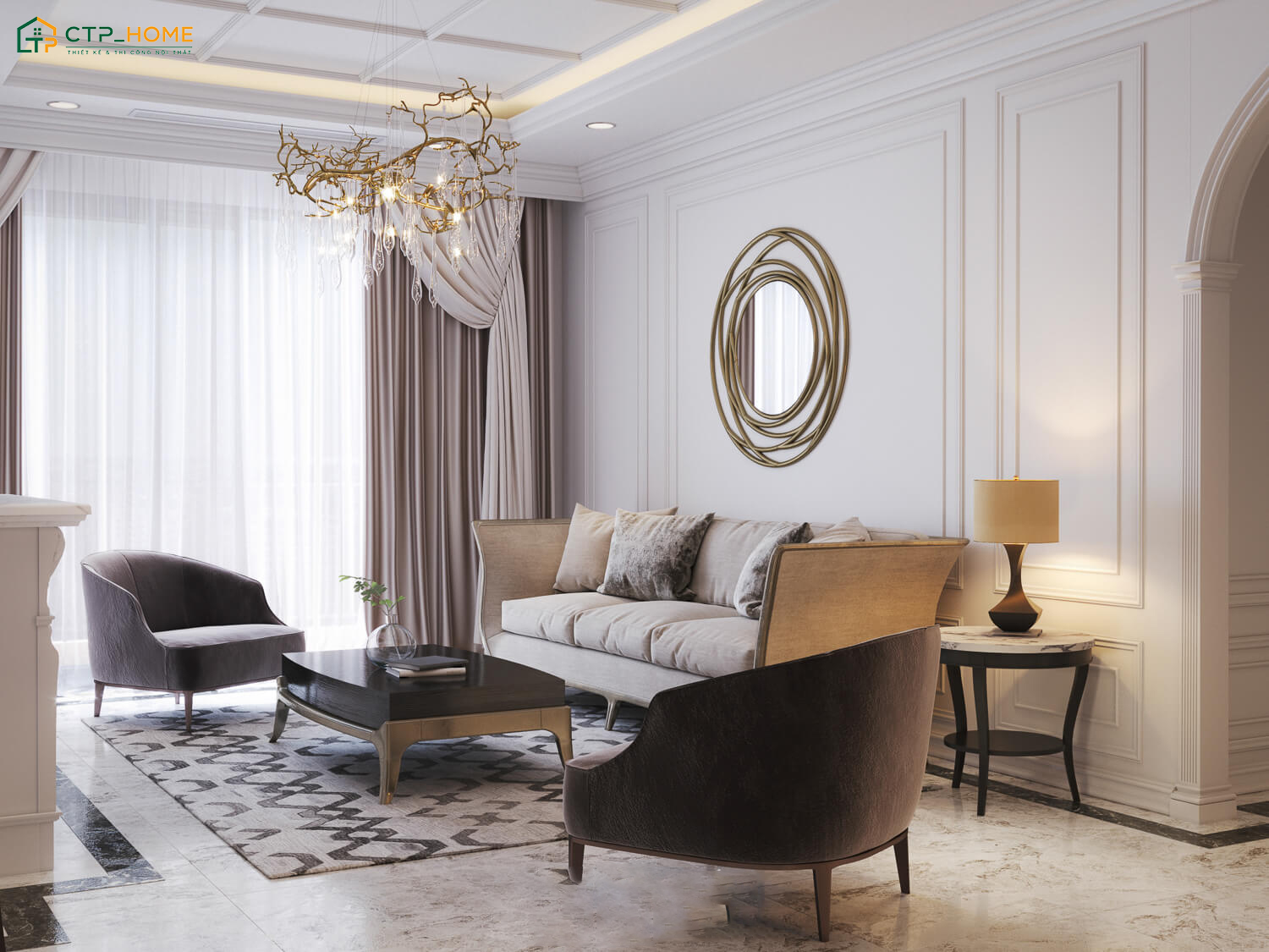 Thiết kế phòng khách nhỏ 15m2 với gương trang trí giúp gia tăng cảm giác thoáng đãng