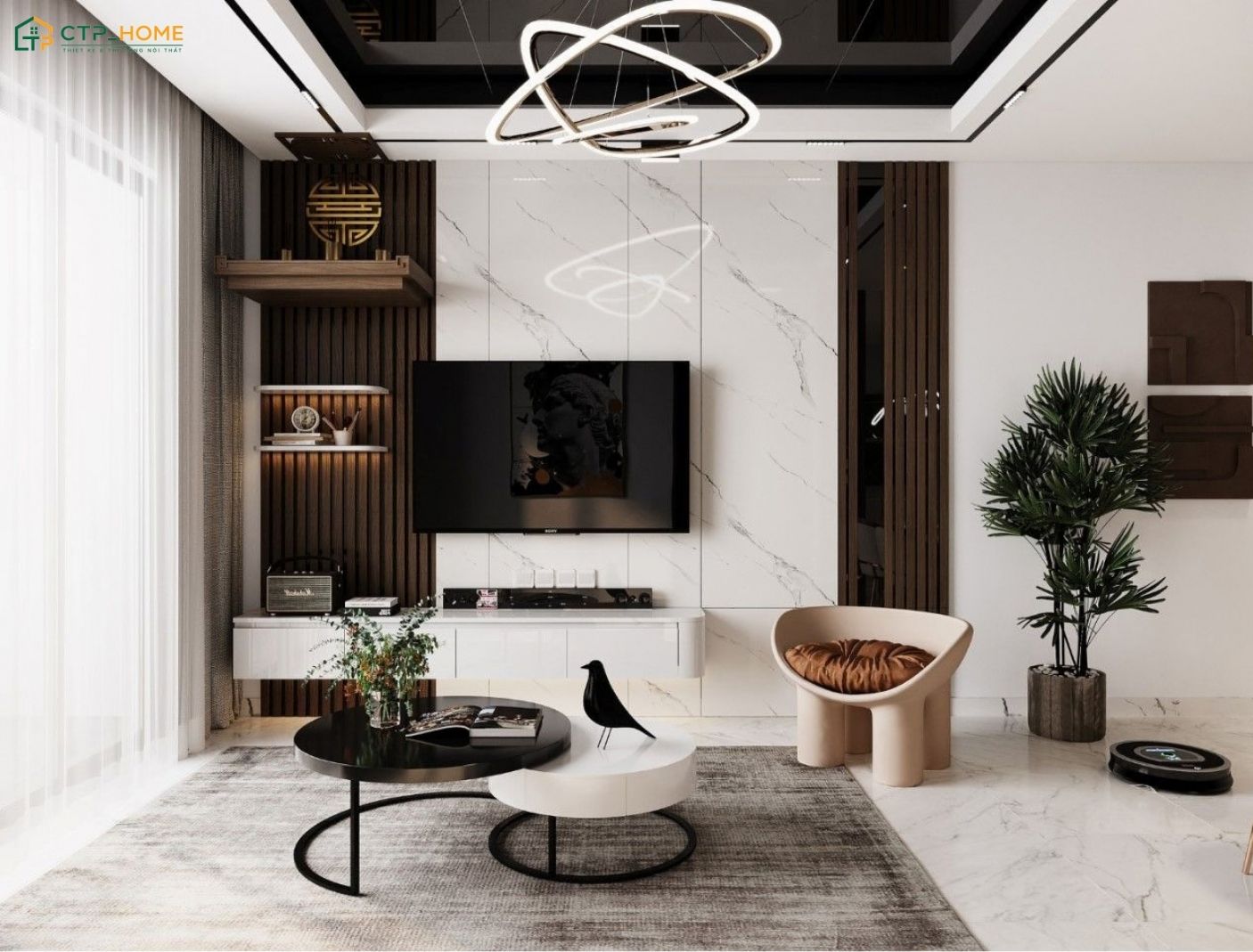 Trang trí phòng khách nhỏ 15m2 bằng cây xanh giúp tạo cảm giác gần gũi với thiên nhiên