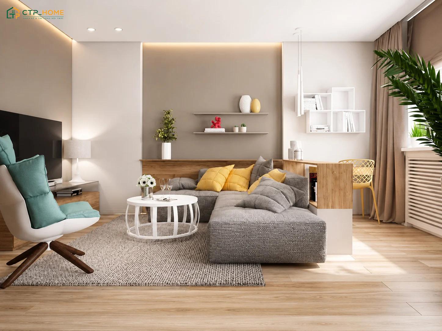 Mẫu trang trí phòng khách 15m2 kết hợp nhiều màu sắc giúp thể hiện được cá tính của gia chủ